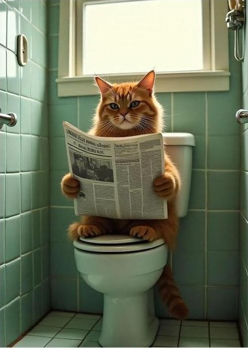 Tuvalette Gazete Okuyan Sakin Kedi Desenli Mdf Tablo