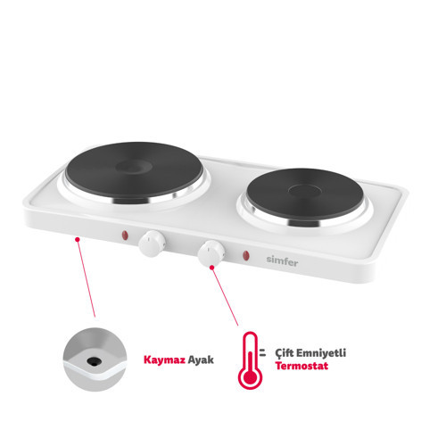 HP2500W Beyaz Hot Plate İki Gözlü Elektrikli Ocak (Çift Emniyetli Termostat , 2500W Krom Çember)