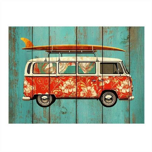 Çiçek Desenli Minibüs Desenli Ahşap Tablo 35cm X50cm