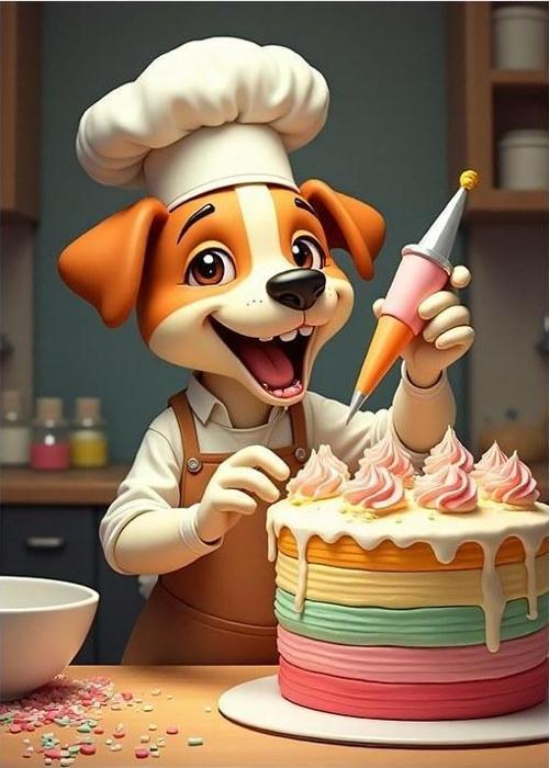 Köpek Şef Pasta Yaparken Dekoratif Mdf Tablo