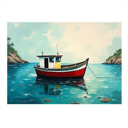 Renkli Balıkçı Teknesi Desenli Ahşap Tablo 25cmX 35cm