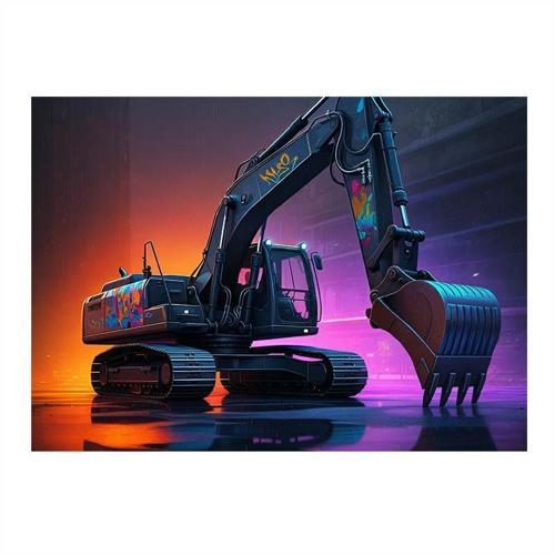Parlak Ekskavatör Çizimi Model Ahşap Tablo 50cmX 70cm