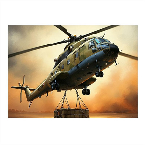 Gün Batımında Askeri Helikopter Desenli Ahşap Tablo 50cmX 70cm