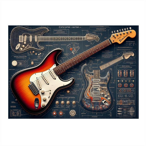 Kırmızı Elektro Gitar Planı Modern Ahşap Tablo 25cmX 35cm