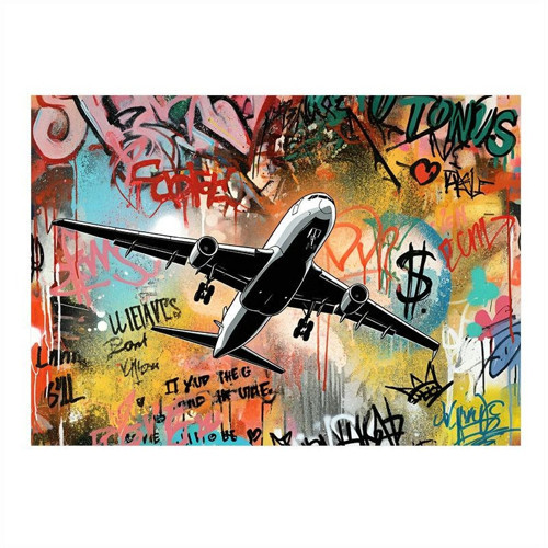 Grafitili Uçak İllüstrasyonu Art Mdf Tablo 50cmX 70cm