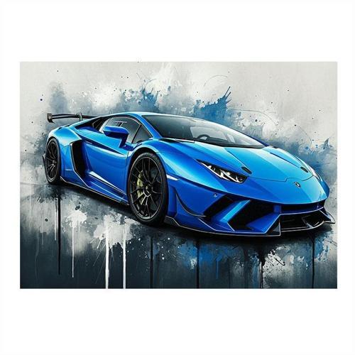 Mavi Lamborghini Çizimi Tasarım Ahşap Tablo 50cmX 70cm