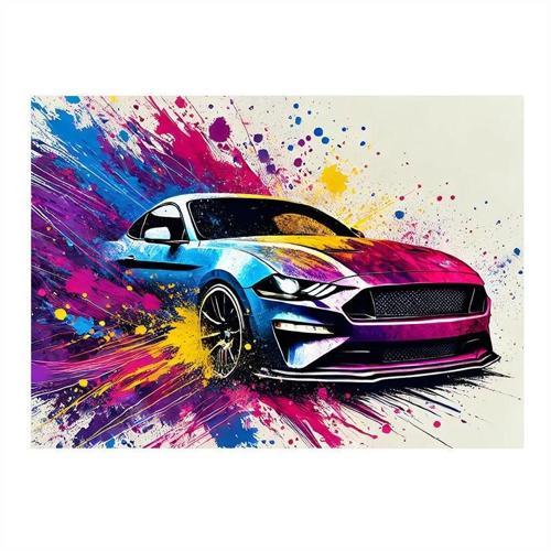 Renkli Spor Araba Çizimi Tasarım Ahşap Tablo 35cm X50cm