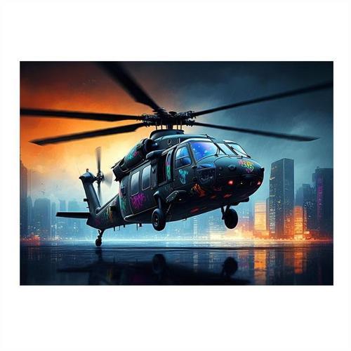 Şehirde Helikopter Uçuşu Desenli Ahşap Tablo 25cmX 35cm