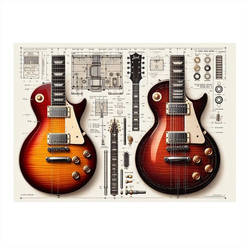 Çift Elektro Gitar Planı Hediyelik Ahşap Tablo 35cm X50cm