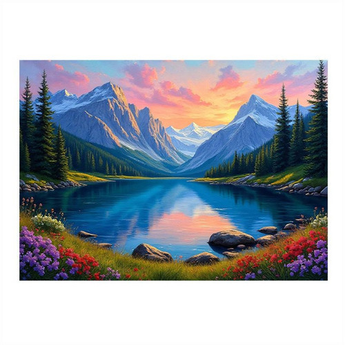 Renkli Dağ Gölü Manzarası Art Mdf Poster 50cmX 70cm