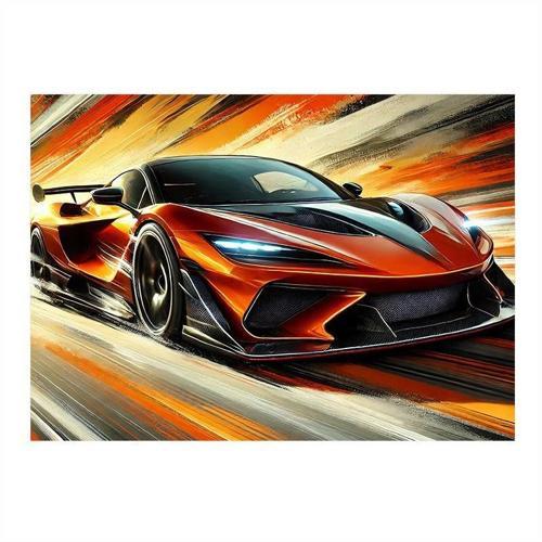 Turuncu Spor Araba Çizimi Desenli Ahşap Tablo 35cm X50cm