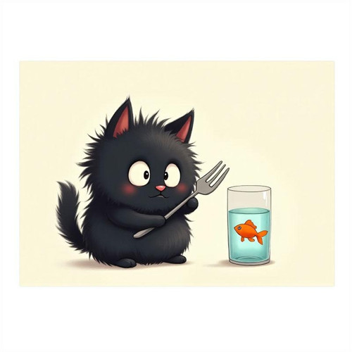 Balıkla Oynayan Kara Kedi Mdf poster 35cm X50cm