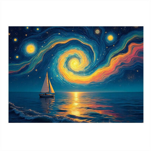 Kozmik Manzara Ve Yelkenli Modern Ahşap Tablo 50cmX 70cm