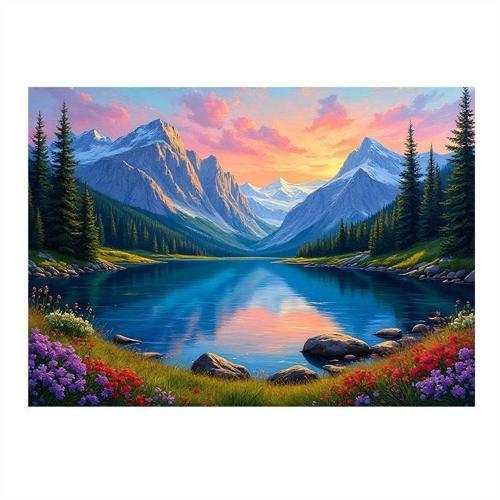 Renkli Dağ Gölü Manzarası Art Mdf Poster 35cm X50cm
