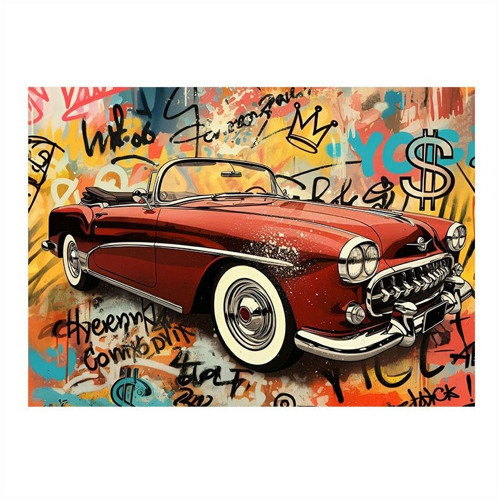 Grafitili Klasik Araba Tasarım Ahşap Tablo 50cmX 70cm