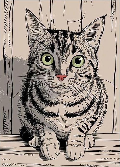 Çizim Kedi Portresi Desenli Mdf Tablo