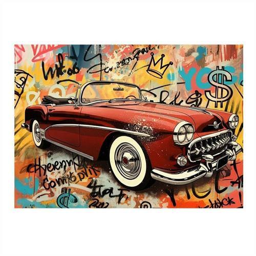 Grafitili Klasik Araba Tasarım Ahşap Tablo 25cmX 35cm