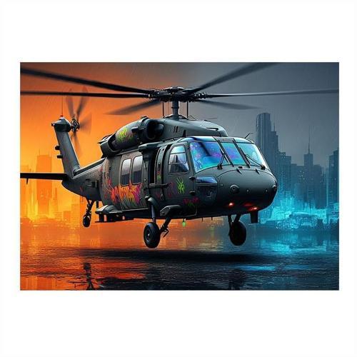 Gece Şehirde Helikopter Tasarım Mdf Tablo 25cmX 35cm