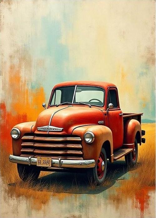 Kırmızı Retro Kamyon Desenli Mdf Tablo