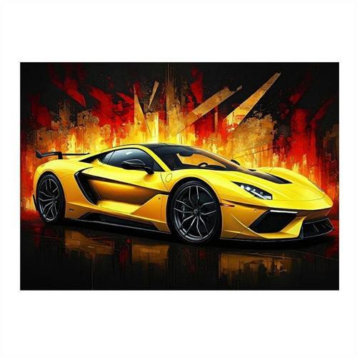 Sarı Spor Araba Aksiyonu Art Mdf Tablo 35cm X50cm