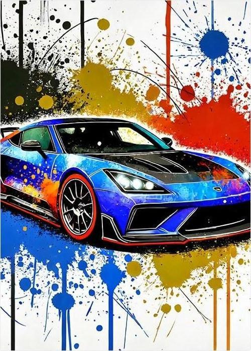Renkli Spor Araba Çizimi Model Ahşap Tablo