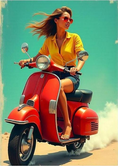 Kırmızı Vespa Sürüşü Modern Mdf Tablo