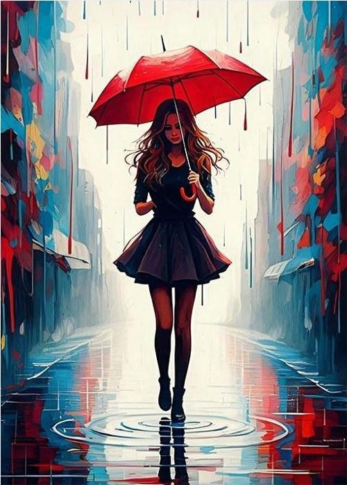 Kırmızı Şemsiye İle Yağmurda Kadın Modern Ahşap Tablo