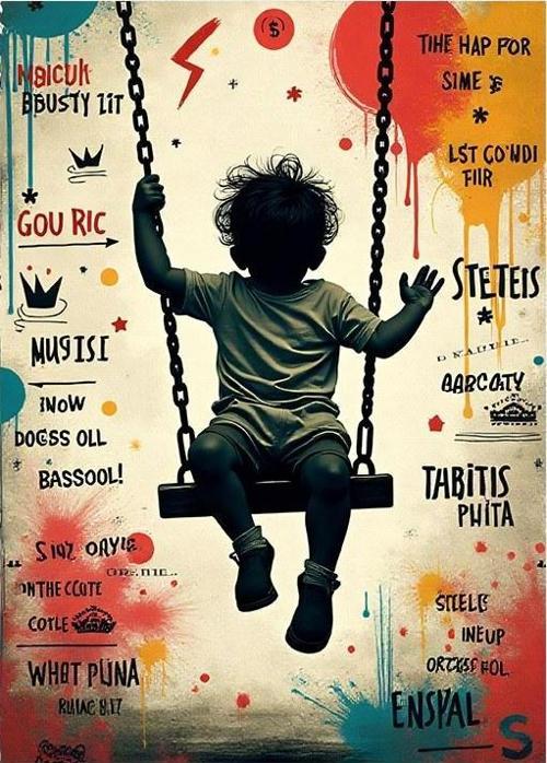 Salıncakta Oturan Çocuk Ve Balıklar Desenli Ahşap Tablo