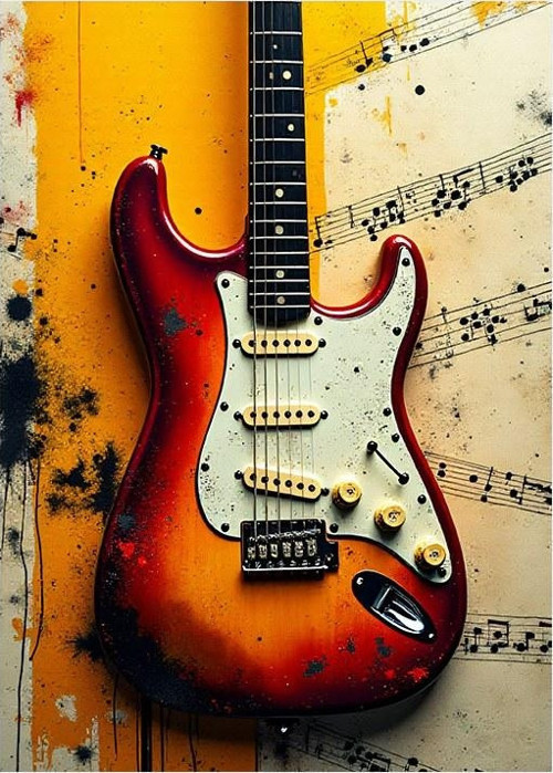 Kırmızı Elektro Gitar Ve Müzik Notaları Art Mdf Tablo