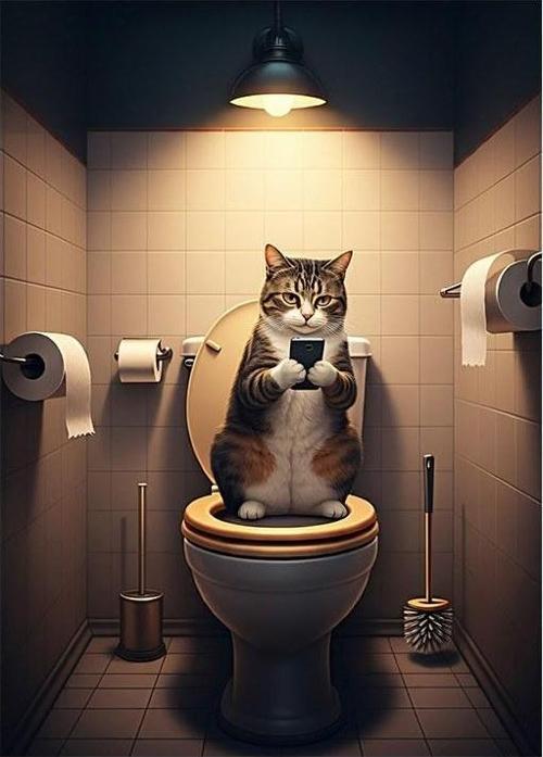 Tuvaletteki Telefon Ve Kedi Dekoratif ahşap Tablo