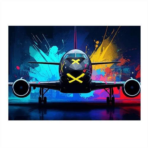 Neon Işıklı Uçak Ön Görünüm Art Mdf Tablo 25cmX 35cm