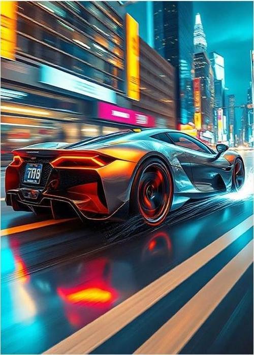 Renkli Gece Şehri Ve Hızlı Araç Dekoratif Mdf Tablo