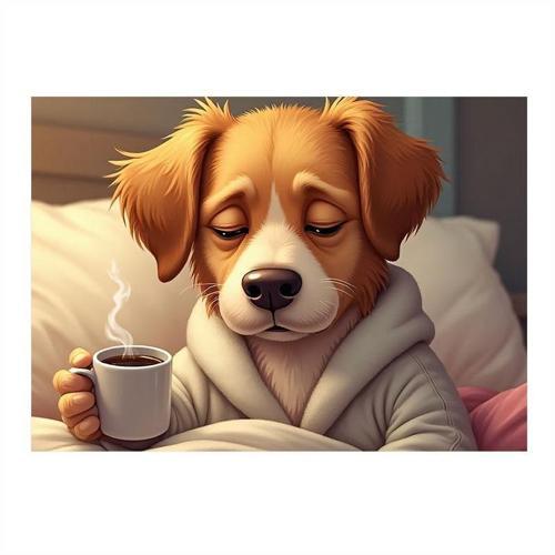 Kahve İçen Sevimli Köpek Model Ahşap Tablo 25cmX 35cm