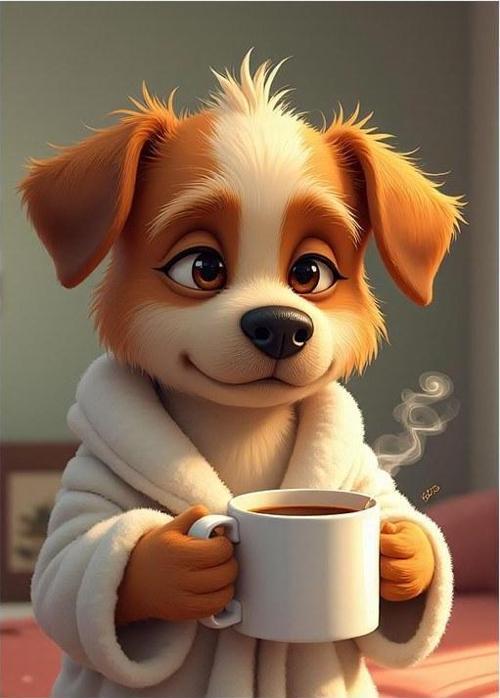 Pijama Giyen Kahve İçen Yavru Köpek Modern Ahşap Tablo