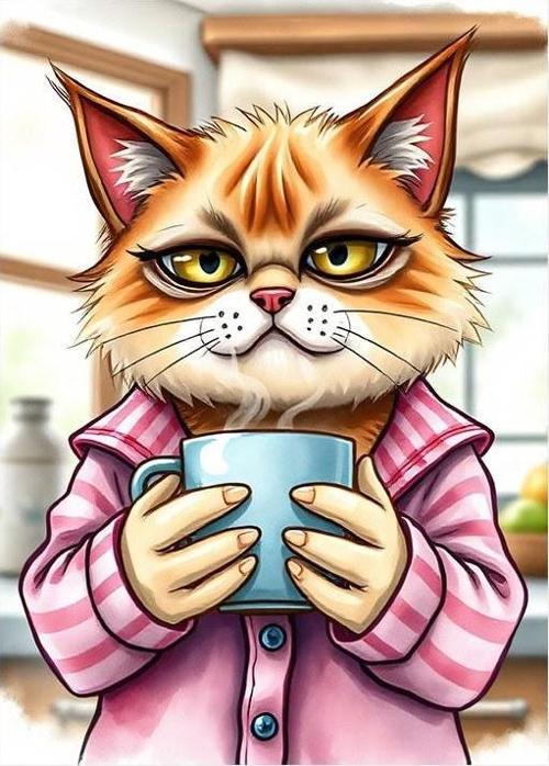 Kupa Tutan Sıcak Kedinin Karikatürü Hediyelik Ahşap Tablo