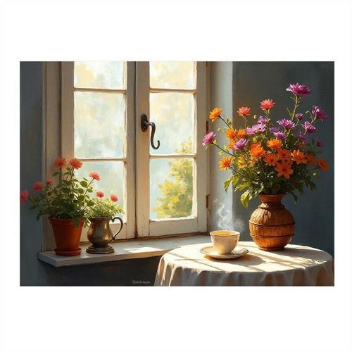 Çiçekli Pencere Manzarası Desenli Mdf Tablo 35cm X50cm