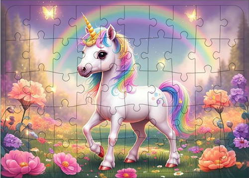 Ahşap Mdf Puzzle Yapboz Gökkuşağı Renkli Unicorn 50 Parça 35*50 cm