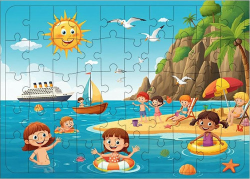 Ahşap Mdf Puzzle Yapboz Plajda Çocuklar 50 Parça 35*50 cm