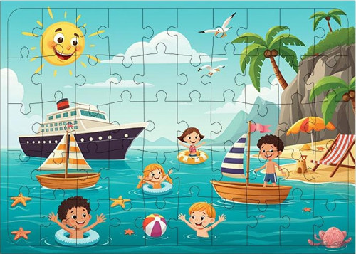Ahşap Mdf Puzzle Yapboz Denizde Eğlence Partisi 50 Parça 35*50 cm