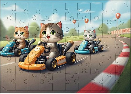 Ahşap Mdf Puzzle Yapboz Yarış Arabasında Sevimli Kediler 50 Parça 35*50 cm