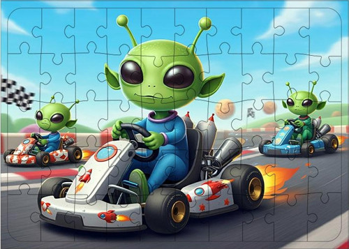 Ahşap Mdf Puzzle Yapboz Uzaylı Yarış Arabasında 50 Parça 35*50 cm
