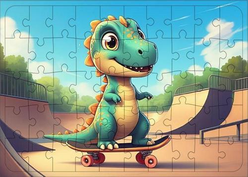 Ahşap Mdf Puzzle Yapboz Kaykaycı Cesur Dinozor 50 Parça 35*50 cm