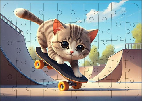 Ahşap Mdf Puzzle Yapboz Kaykay Süren Tatlı Kedi 50 Parça 35*50 cm