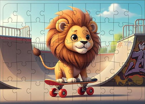 Ahşap Mdf Puzzle Yapboz Kaykay Yapan Cesur Aslan 50 Parça 35*50 cm