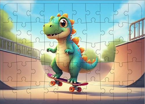 Ahşap Mdf Puzzle Yapboz Kaykay Ve Dinazor 50 Parça 35*50 cm