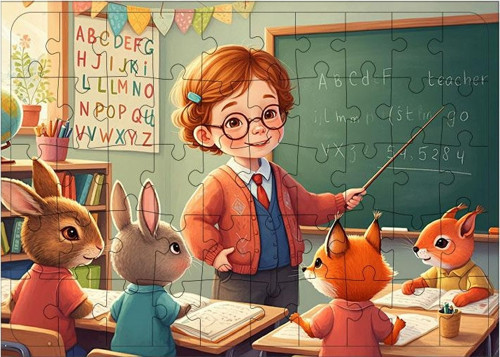 Ahşap Mdf Puzzle Yapboz Öğretmen Ve Meraklı Sınıf 50 Parça 35*50 cm
