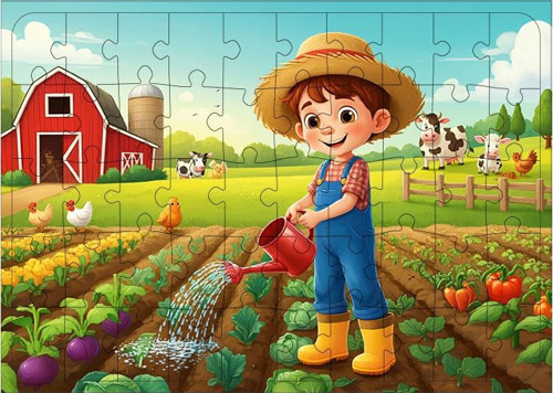 Ahşap Mdf Puzzle Yapboz Çiftlikte Çalışkan Çocuk 50 Parça 35*50 cm