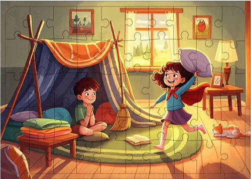 Ahşap Mdf Puzzle Yapboz Evde Kamp Yapan Çocuklar 50 Parça 35*50 cm
