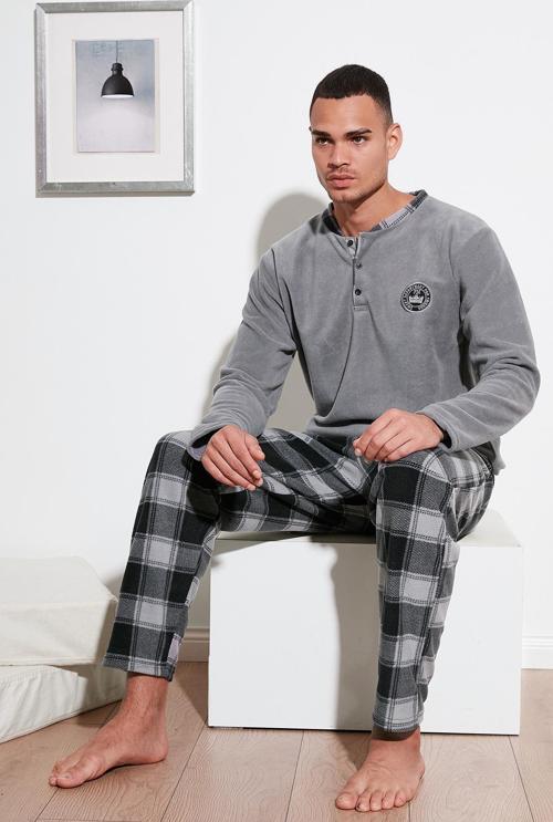Ekose Regular Fit Bisiklet Yaka Kışlık Polar Erkek Pijama Takımı 609610013W4 GRİ
