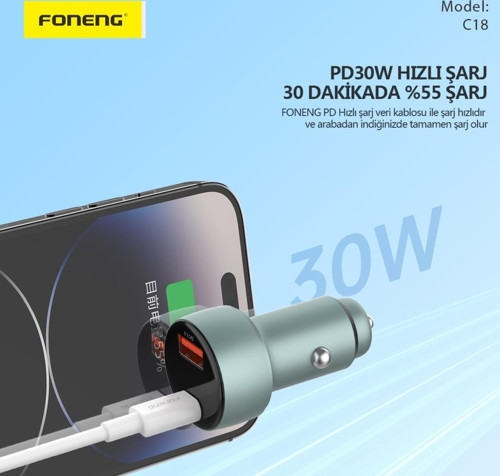 Foneng C18 48W 1xUsb 1xType-C Girişli Dijital Göstergeli Araç içi Çakmaklık Şarj Aleti 7